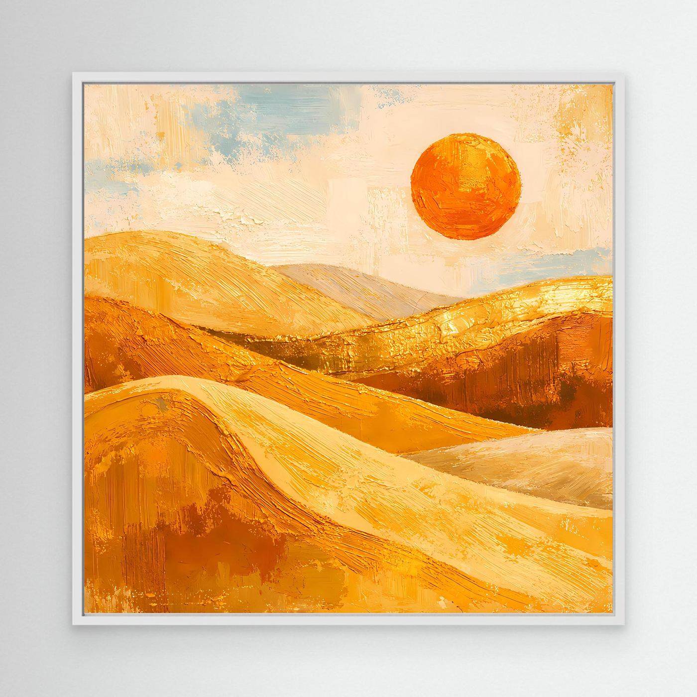 Abstraktes Leinwand-Wandbild mit weißem Rahmen: goldene Dünen und orangefarbene Sonne