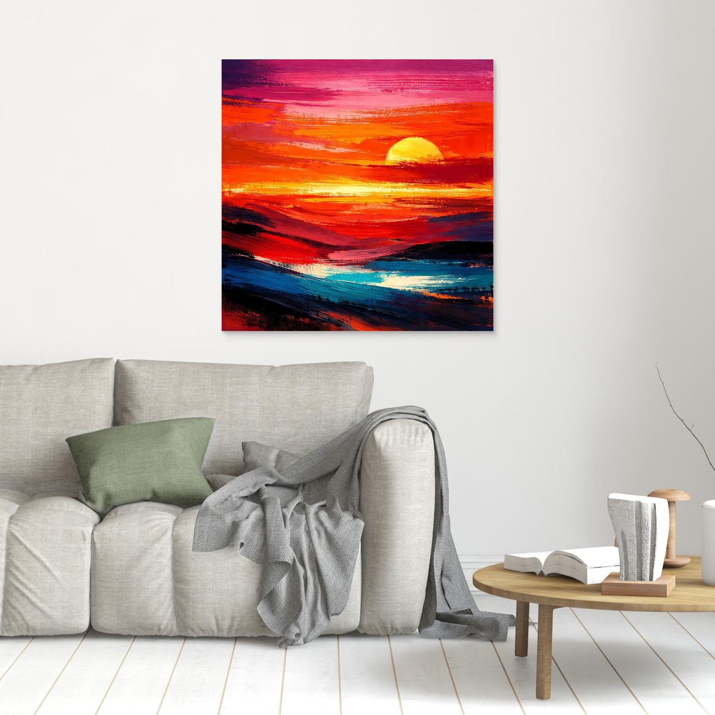 Kleines Leinwandbild mit abstraktem Sonnenuntergang und Meer, gelbe Sonne