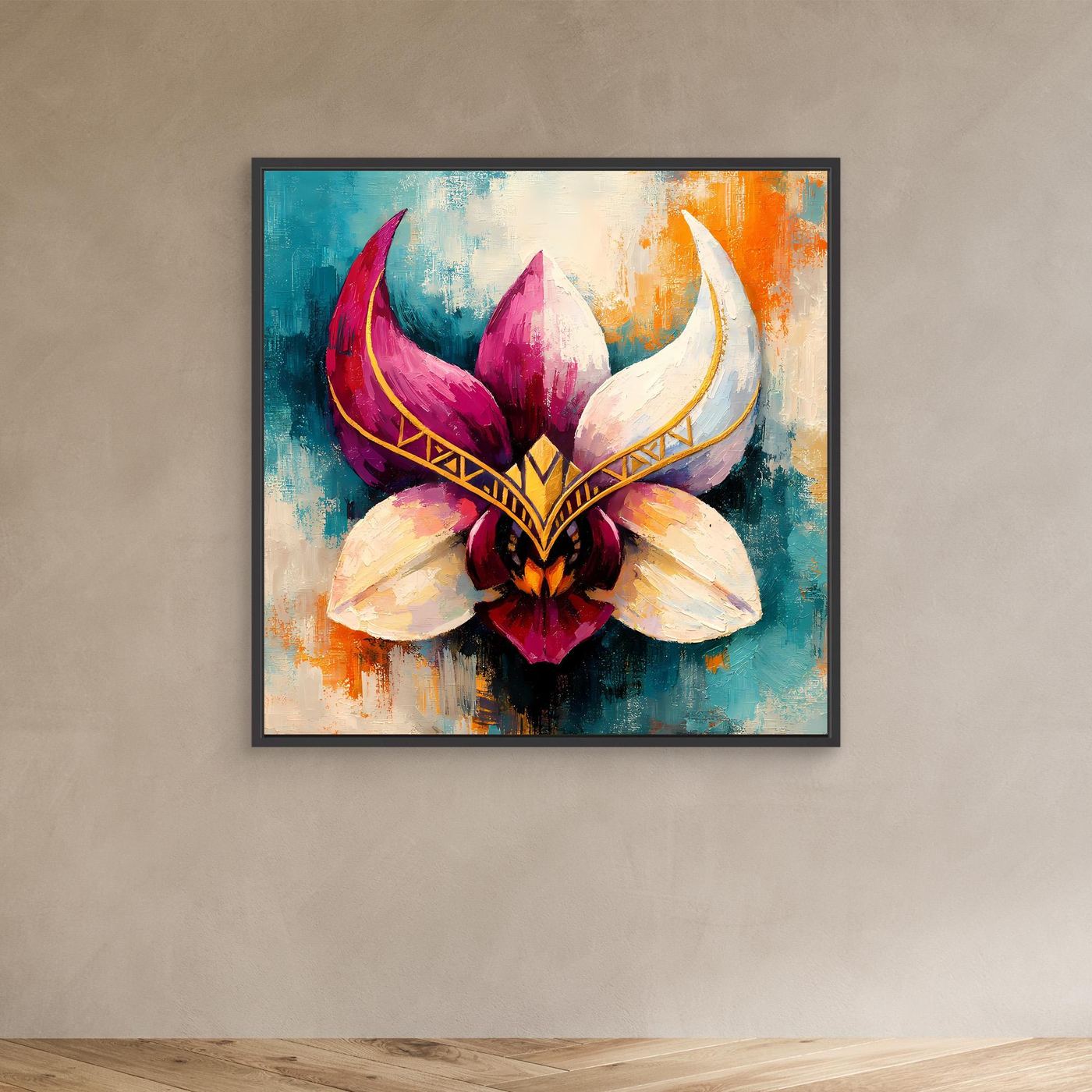 Premium Leinwand Mystische Orchideen-Maske in Gold | Abstraktes Florales Wandbild im Fantasy-Stil