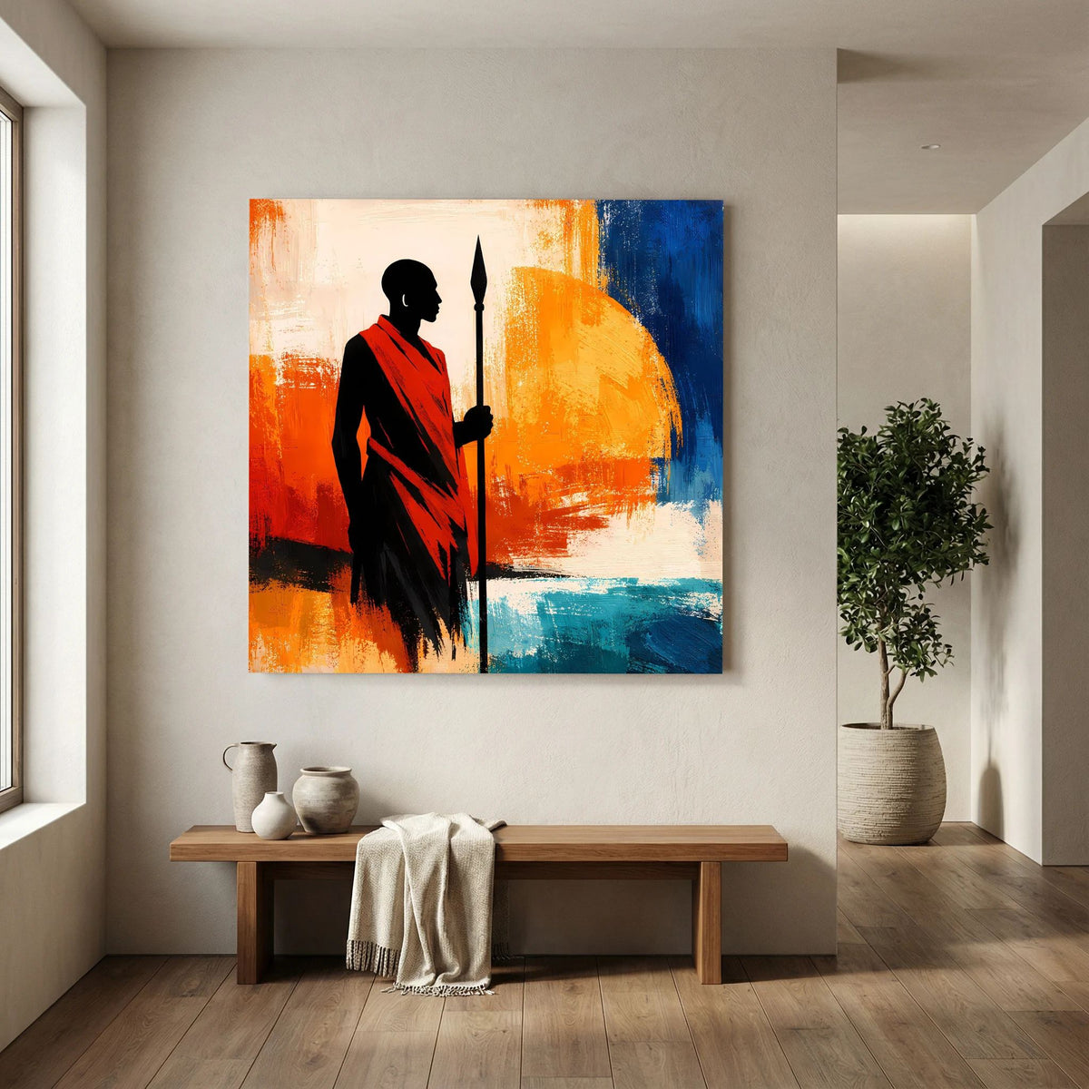 Quadratisches Wandbild mit afrikanischer Krieger-Silhouette, roter Umhang, Speer in Orange-Blau.