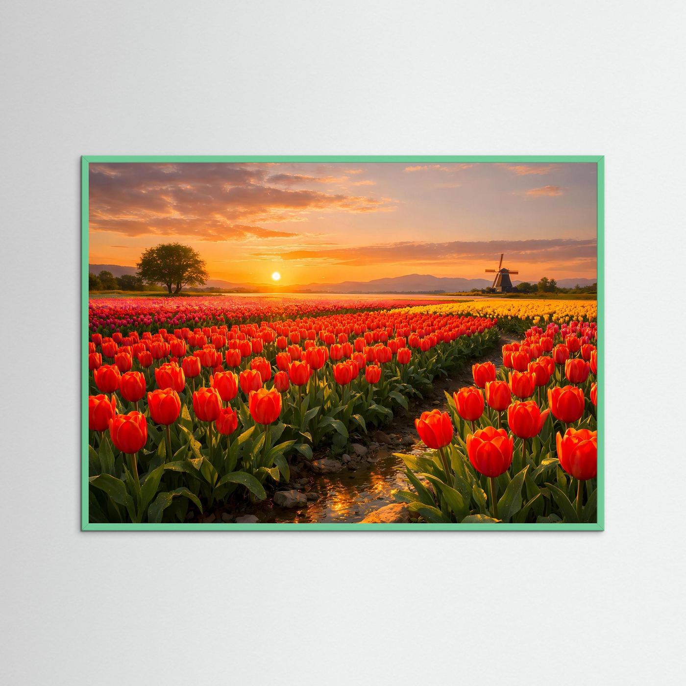 Gerahmtes Poster mit rotem Tulpenfeld und Windmühle zur Abendsonne im grünen Rahmen