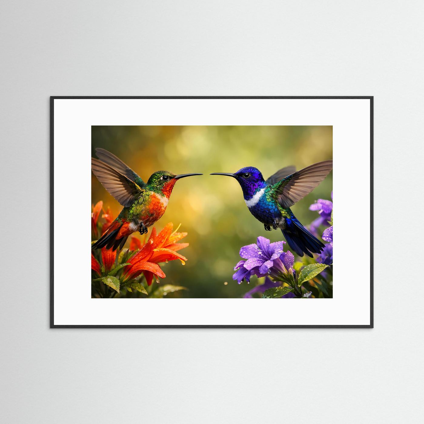 Panorama-Poster mit zwei Kolibris und Blüten, Querformat, schwarzer Rahmen und weißer Rand
