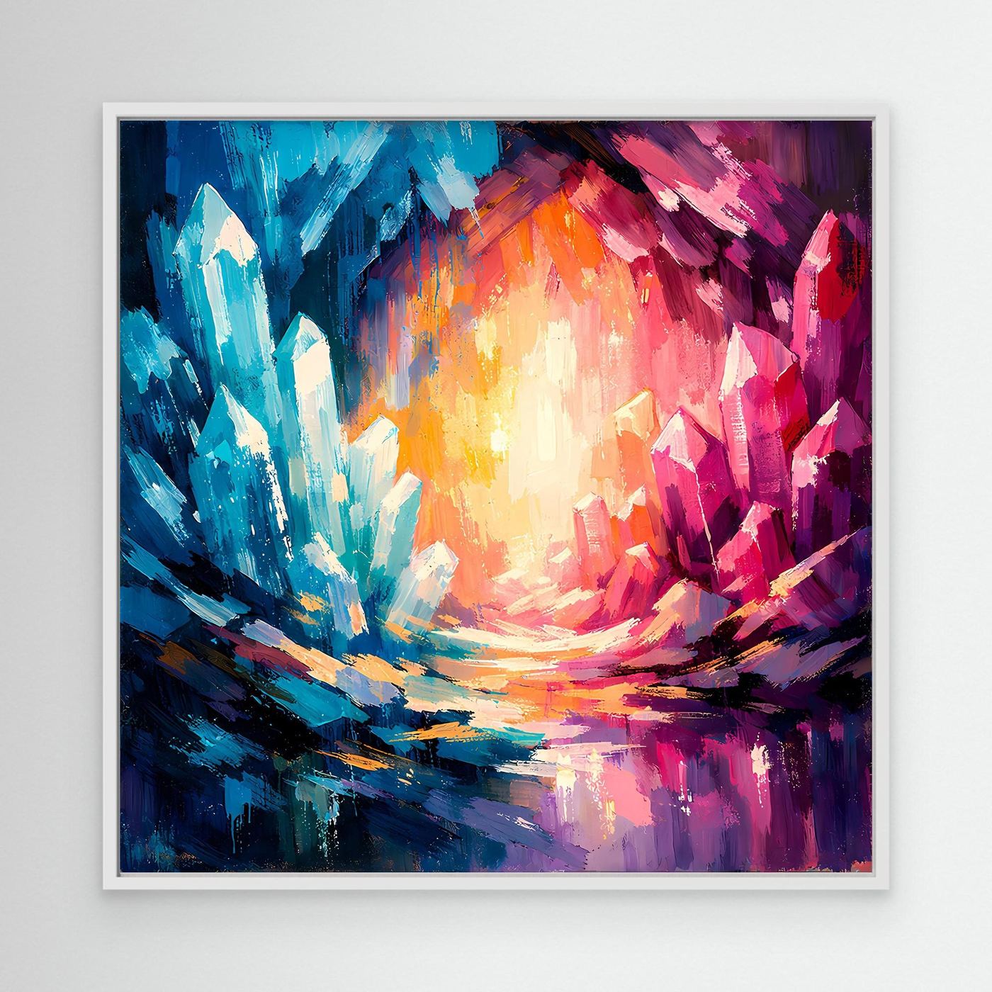 White-framed abstract canvas wall art with blue, pink, and orange crystal burst