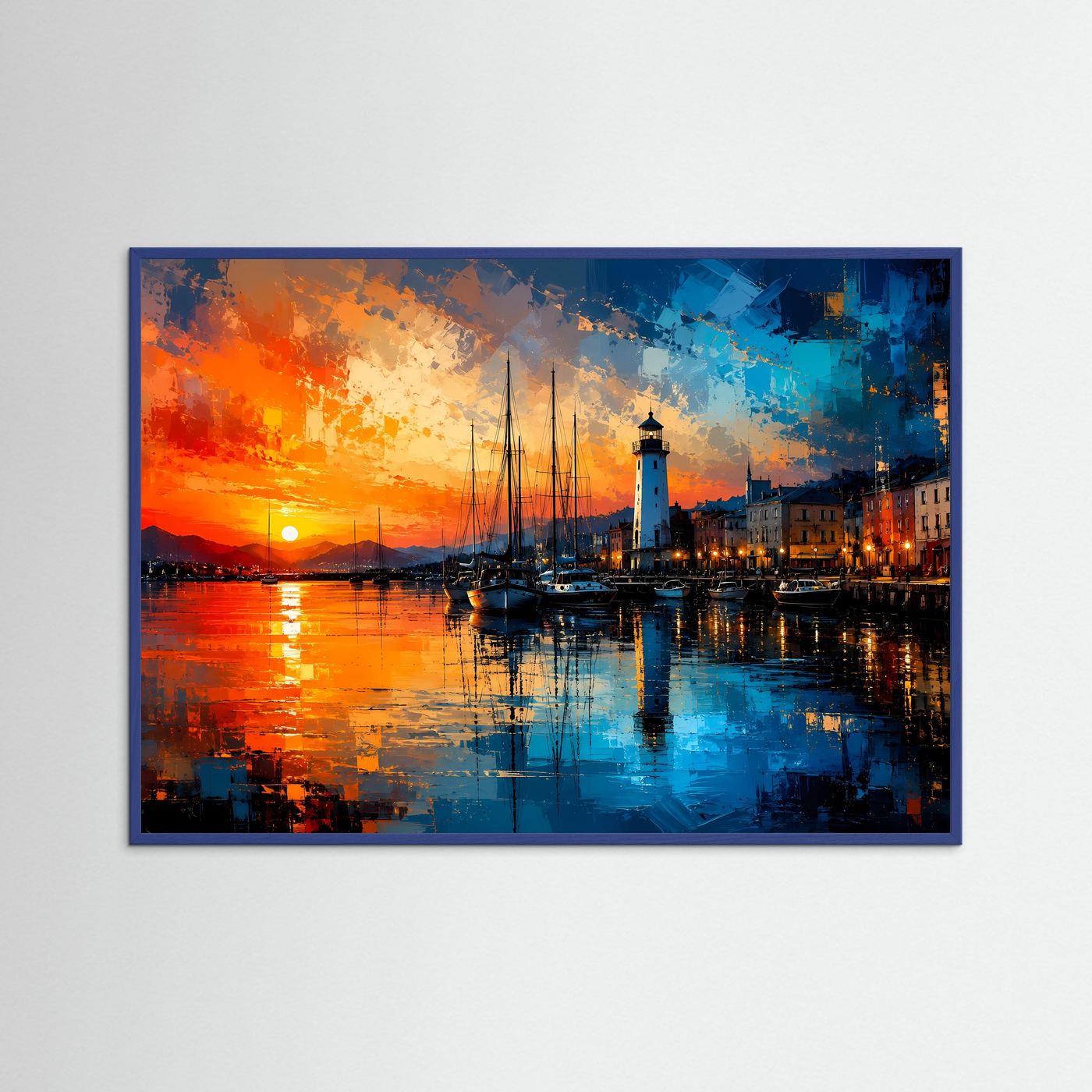 Leuchtturm am Hafen bei Sonnenuntergang | Modernes Küsten & Maritimes Poster Querformat