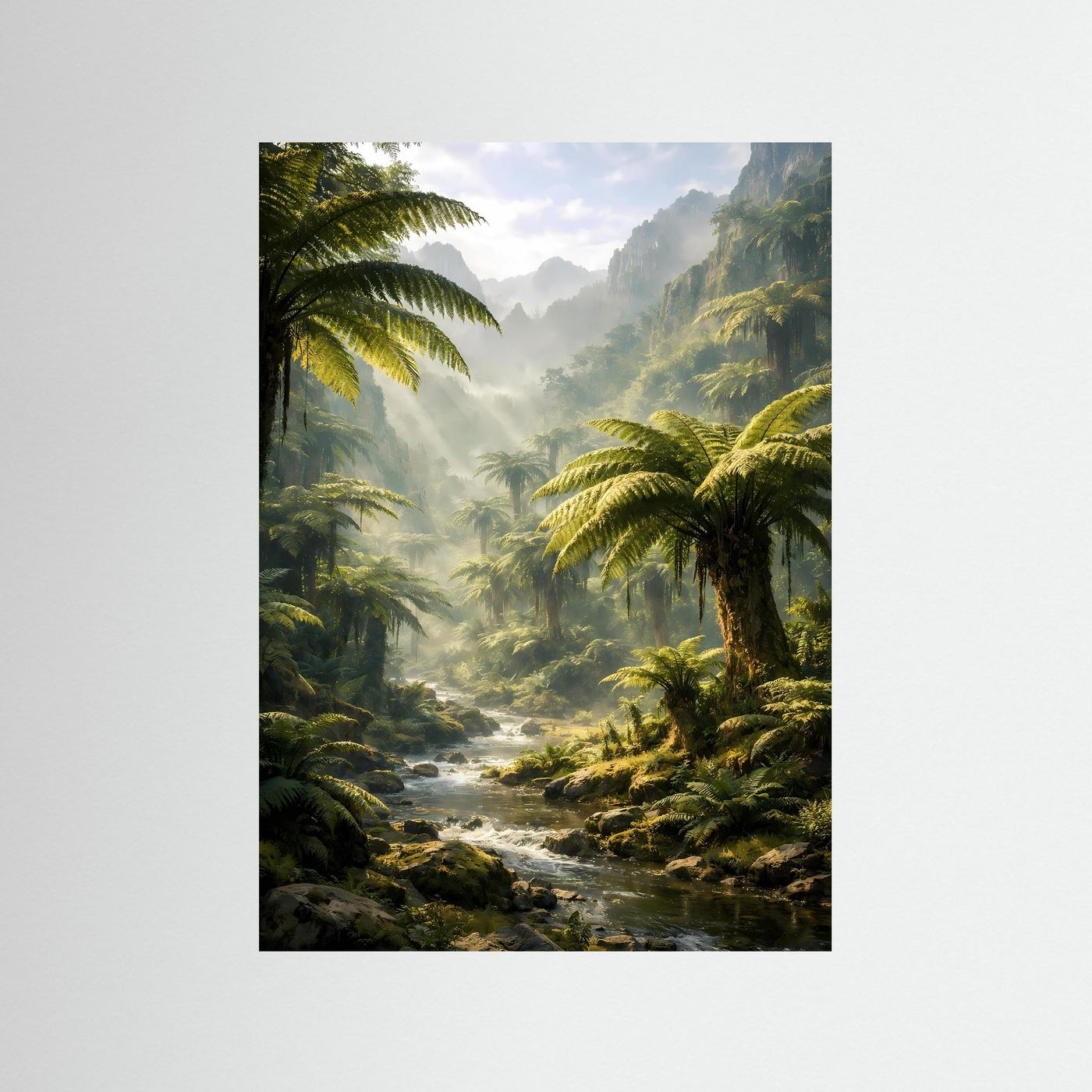 Botanisches Dschungelposter mit Fluss, Palmen und Farnen, hochformat, ohne Rahmen