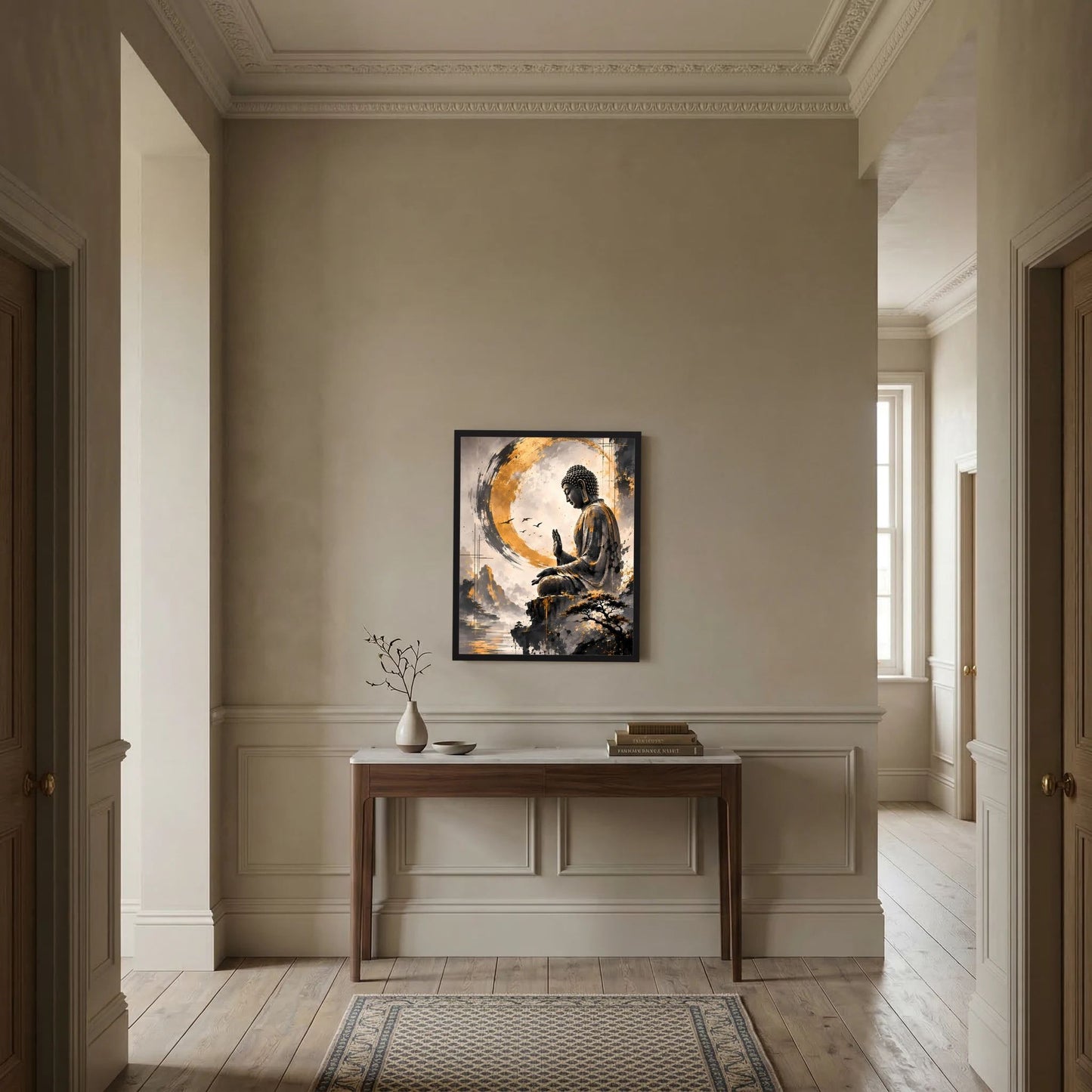 Gerahmtes Wandposter mit sitzendem Buddha im goldenen Zen-Kreis, Schwarz-Gold