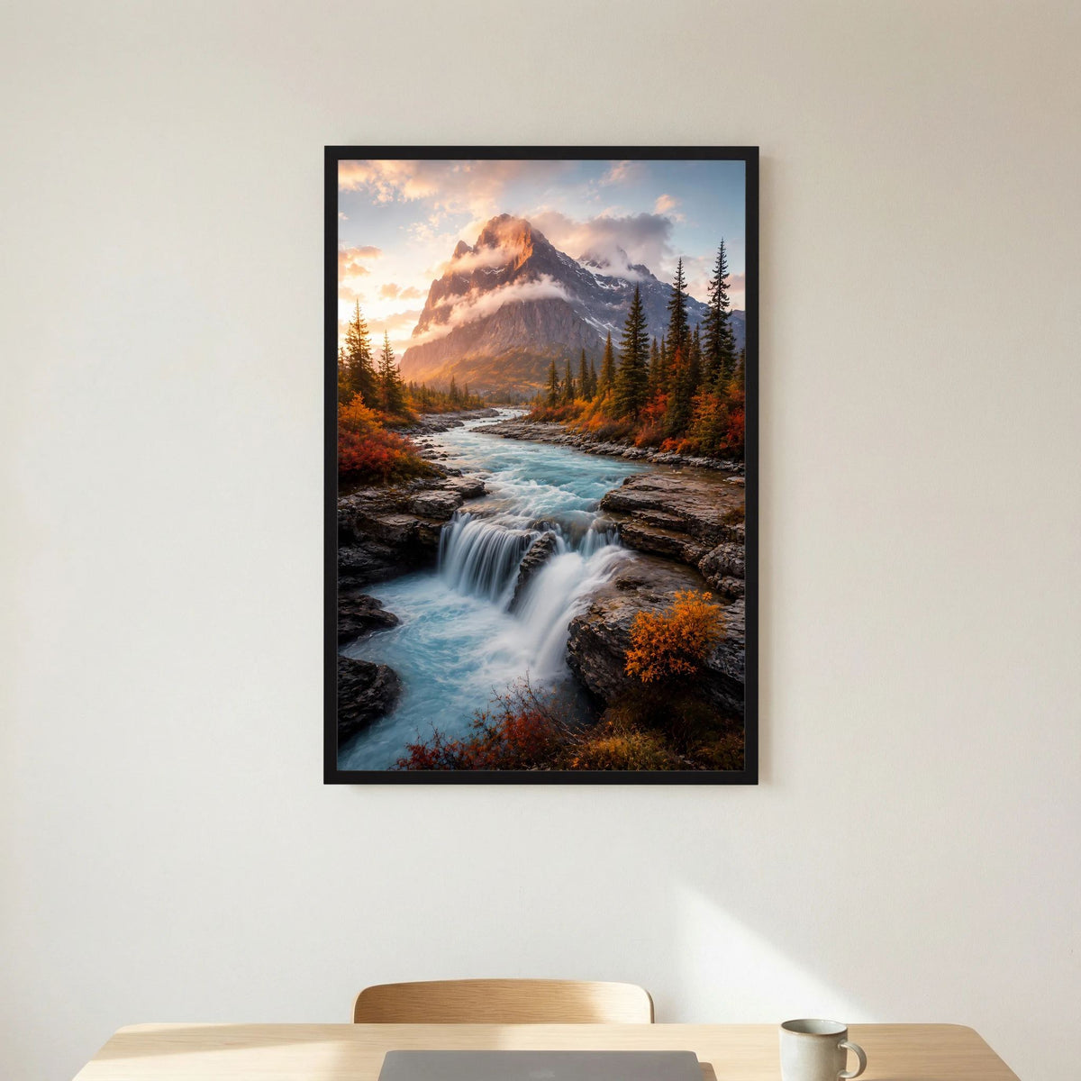 Hochformat-Poster im schwarzen Rahmen mit Wasserfall und blauem Fluss durch Felsen