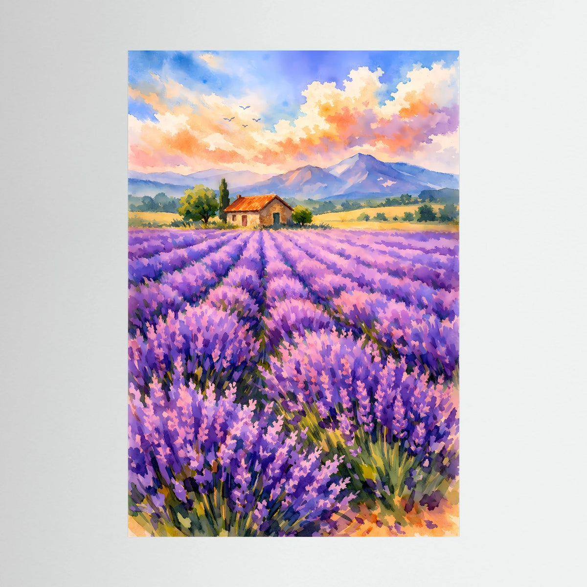 Poster im Hochformat: Lavendelfeld in der Provence mit Berghaus und Bergen