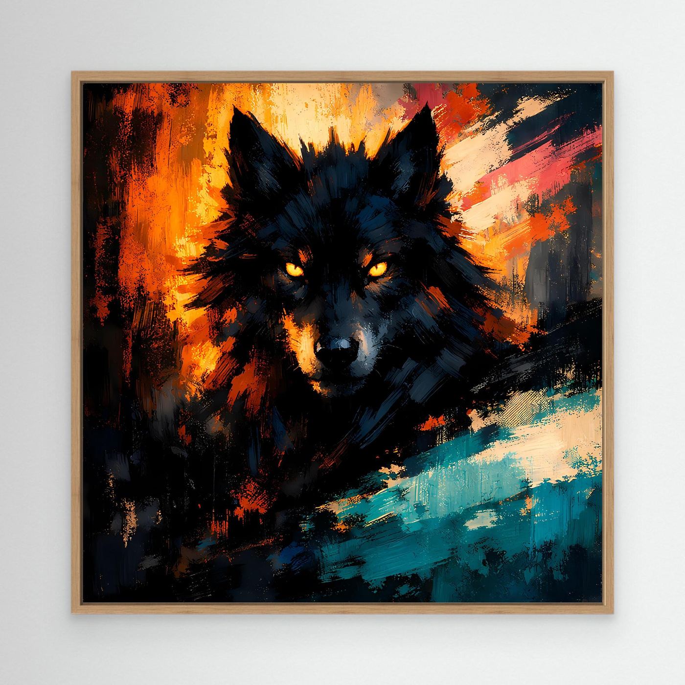 Wandbild mit abstraktem Wolf im Feuerlicht, dunkles Fell, Holzrahmen, orange und türkis