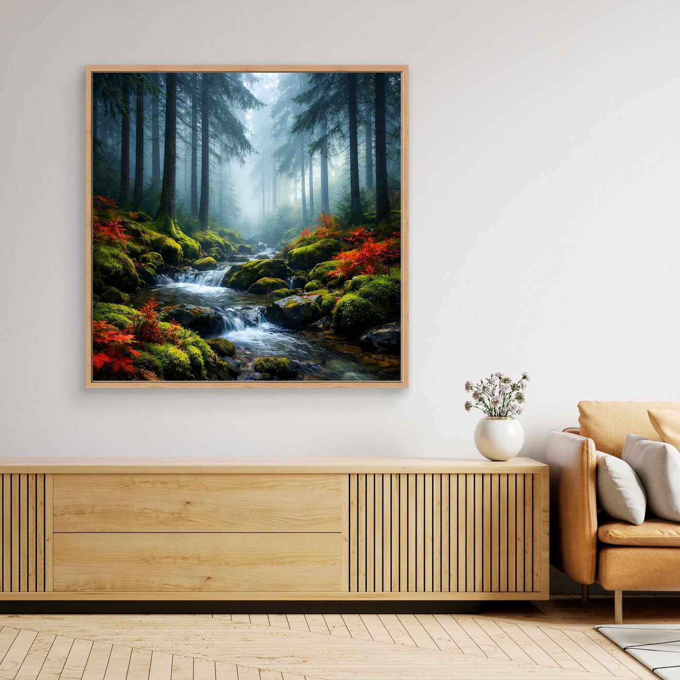Gerahmtes Leinwandbild: mystischer Waldbach im Nebel mit dunklem Wald und roten Akzenten