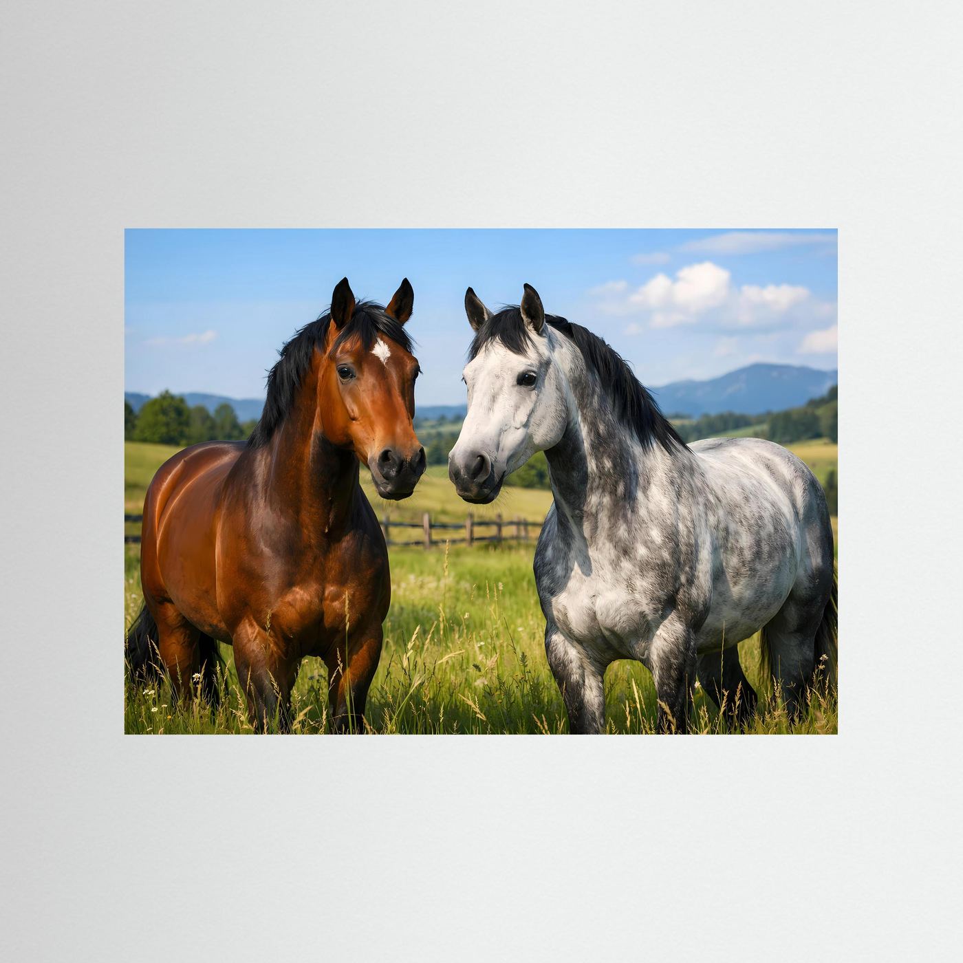 Wildtierposter mit zwei Pferden, mit blauem Rahmen