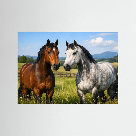Wildtierposter mit zwei Pferden, mit blauem Rahmen