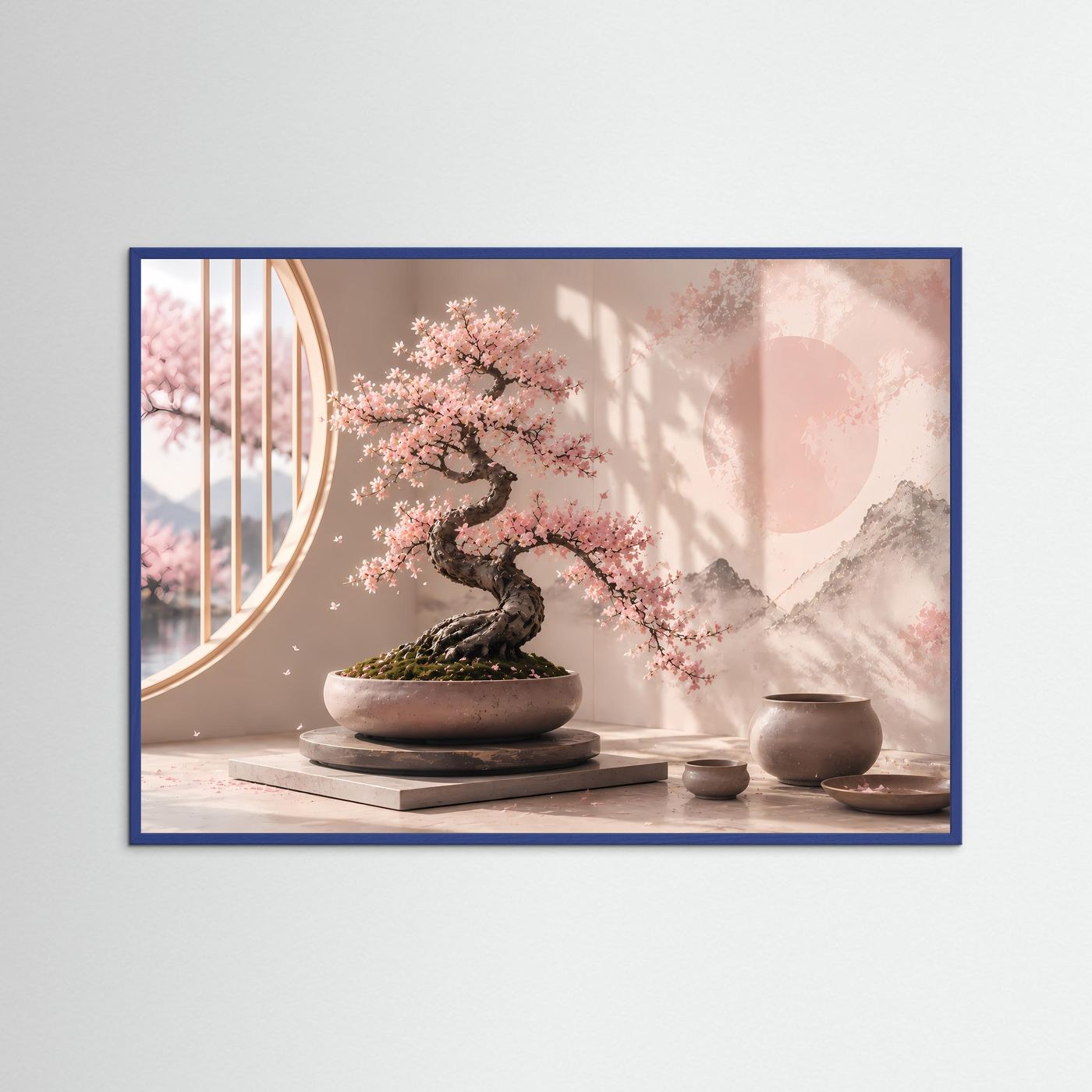 Poster im Querformat mit Bonsai und Kirschblüten in Pastellrosa, blauer Rahmen