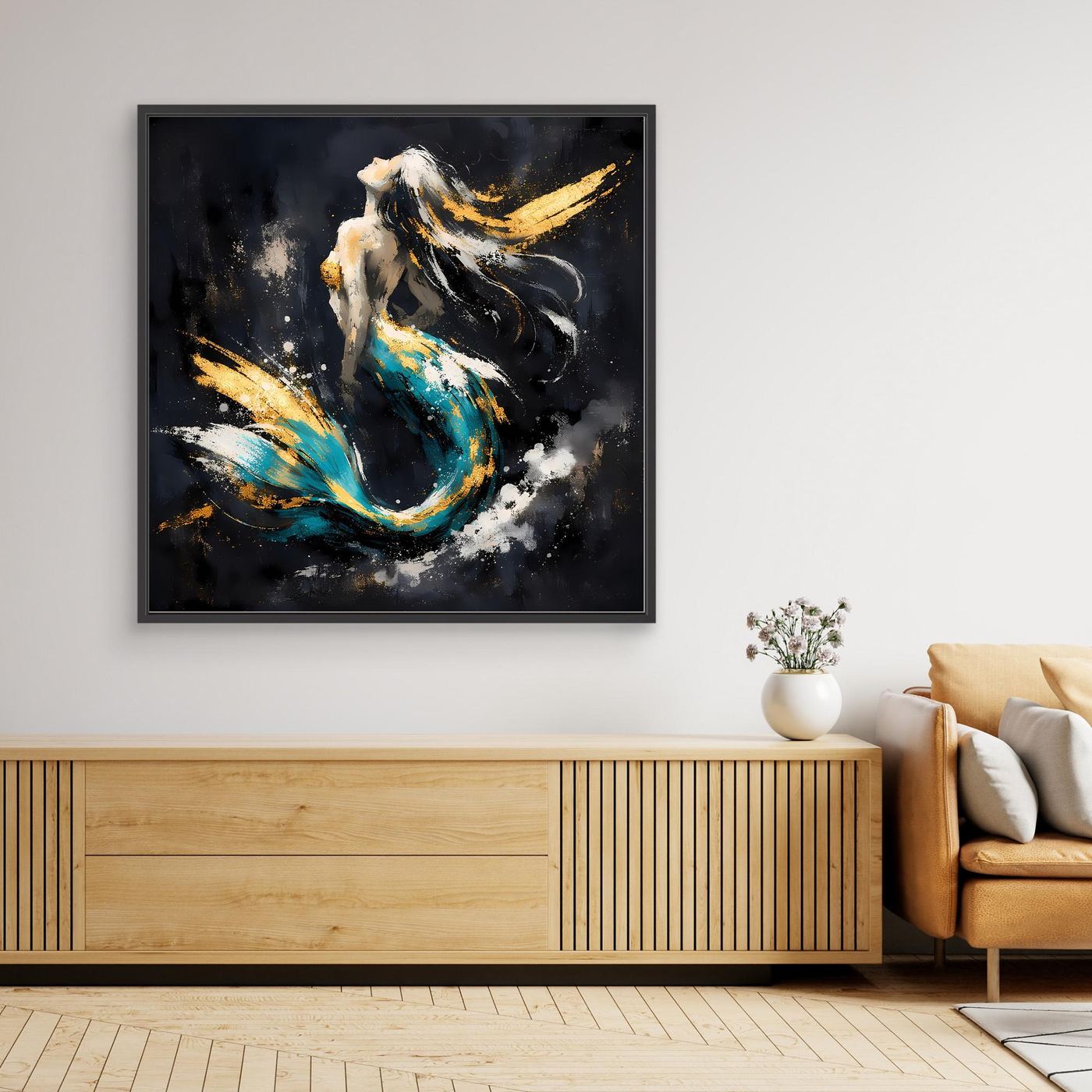 Leinwand Elegante Meerjungfrau in Türkis und Gold | Modernes Fantasy Wandbild