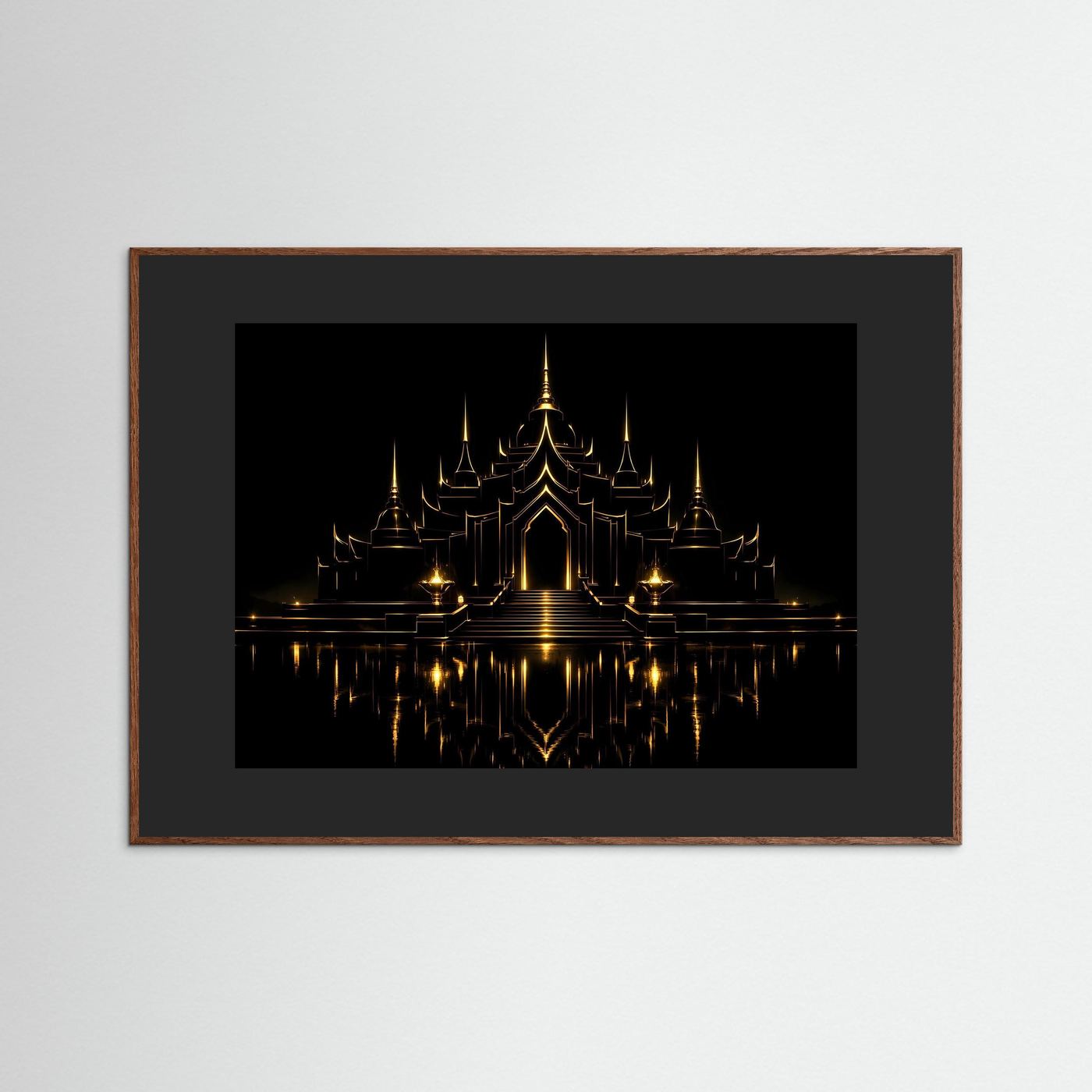 Poster mit goldener Tempelanlage, dunkle Nachtansicht, dunkelbrauner Holzrahmen