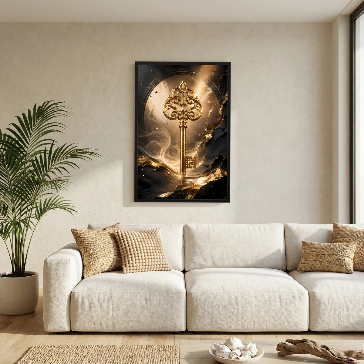 Hochformatiges Kunstposter mit goldenem Schlüssel im schwarzen Bilderrahmen