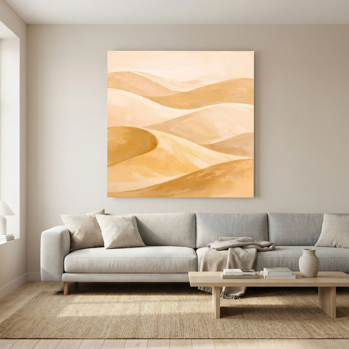Quadratisches Leinwand-Wandbild mit sandfarbenen Dünenflächen und sanften Farbverläufen