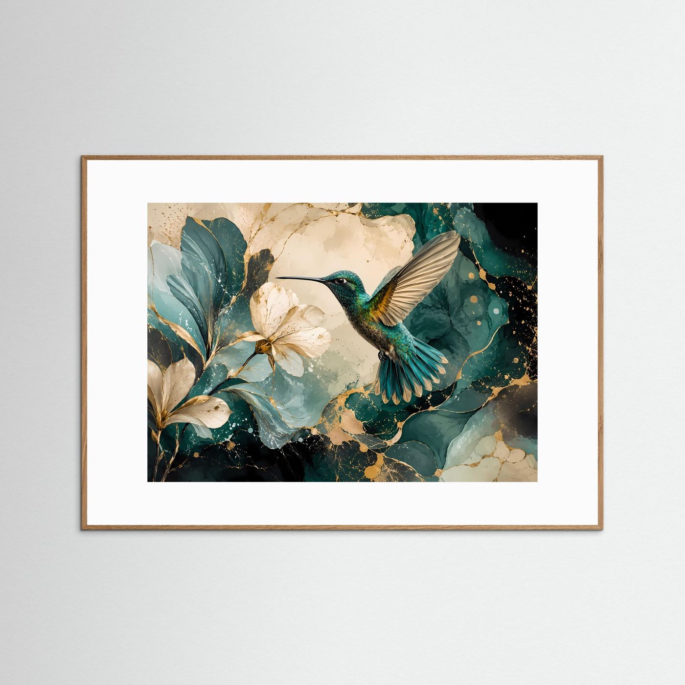 Kolibri mit Magnolienblüten Poster | Elegante Vogelkunst in Türkis Gold Modernes Blumen Wandbild Querformat