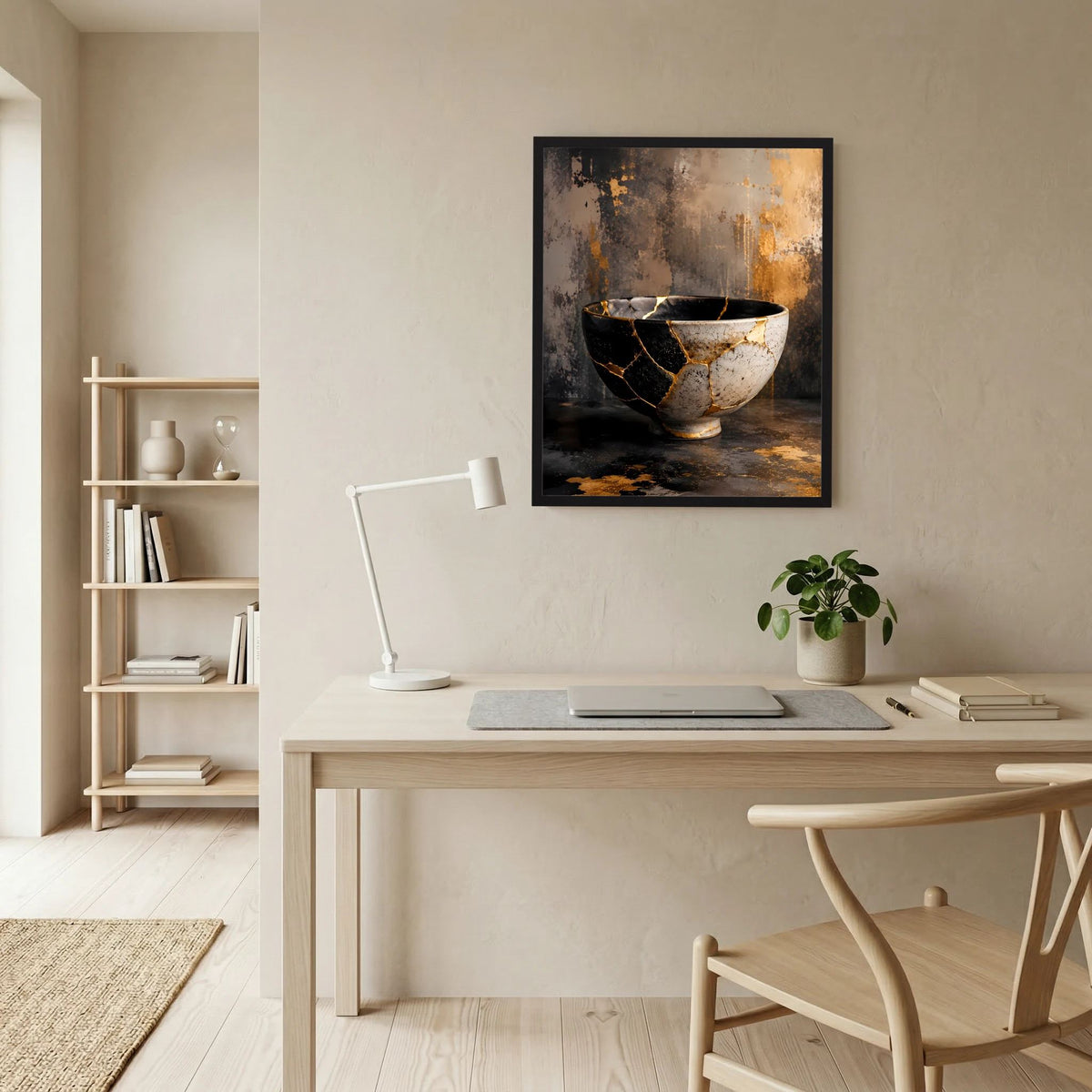 Gerahmtes Wandposter Hochformat: Kintsugi-Schale in Schwarz, Weiß und Gold