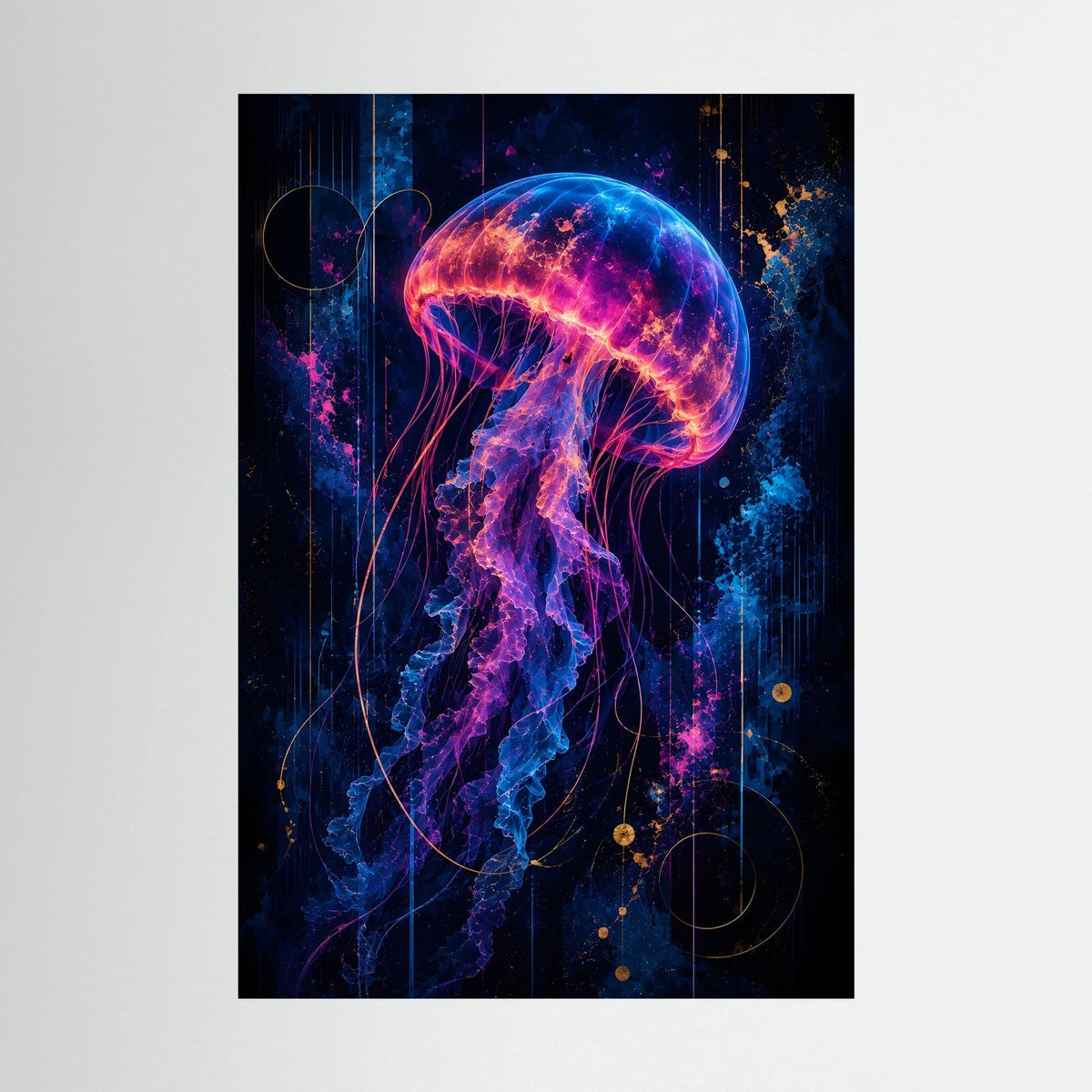 Hochformatiges Poster: leuchtende Qualle in Neonpink, Blau und Gold