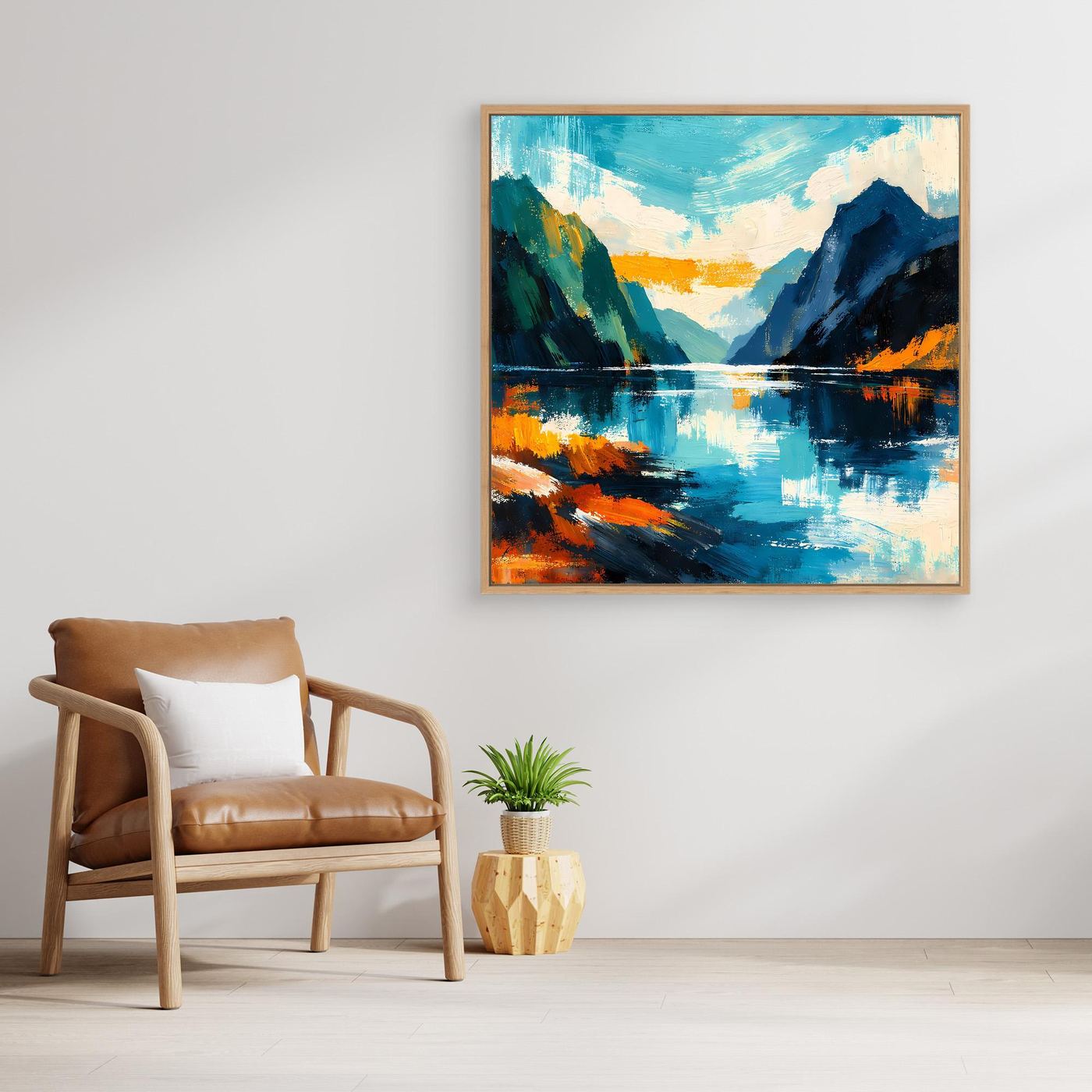 Gerahmtes Leinwandbild mit Fjordlandschaft in Blau, Türkis und Orange, Holzrahmen