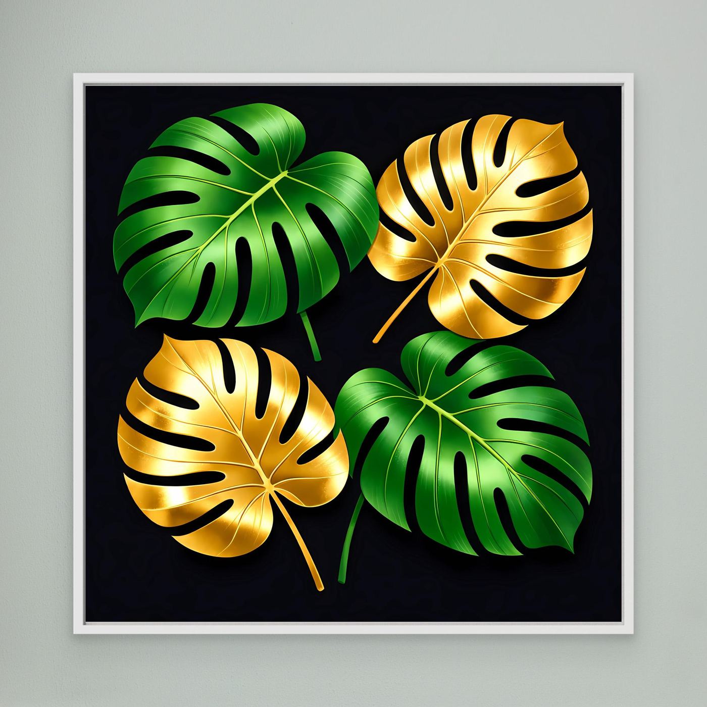 Leinwandbild mit Monstera-Blättern, grün und gold, weißer Rahmen