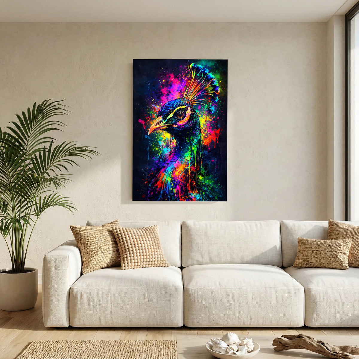 Hochformat-Poster: Pfauengesicht mit buntem Neon-Spritzdekor und auffälligem Federkamm