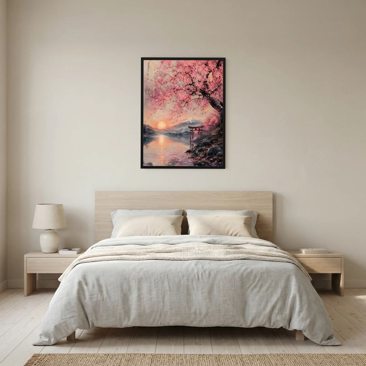 Gerahmtes Poster: Kirschblüten über See, Torii und Fuji, schwarz gerahmt