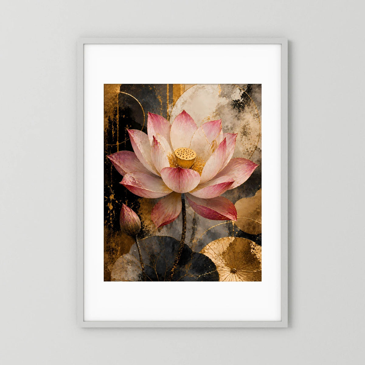 Rosa Lotusblüte in Gold & Schwarz | Elegante florale Kunst | Poster Hochformat
