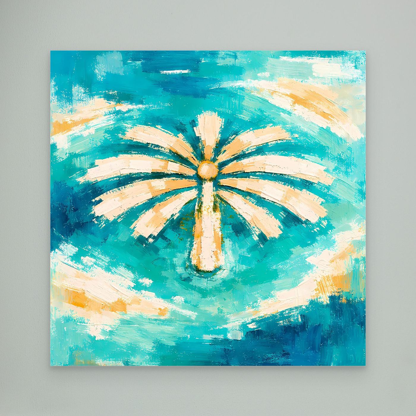 Leinwand Abstrakte Palme im Meer | Modernes Dubai Palmeninsel Wandbild Türkis