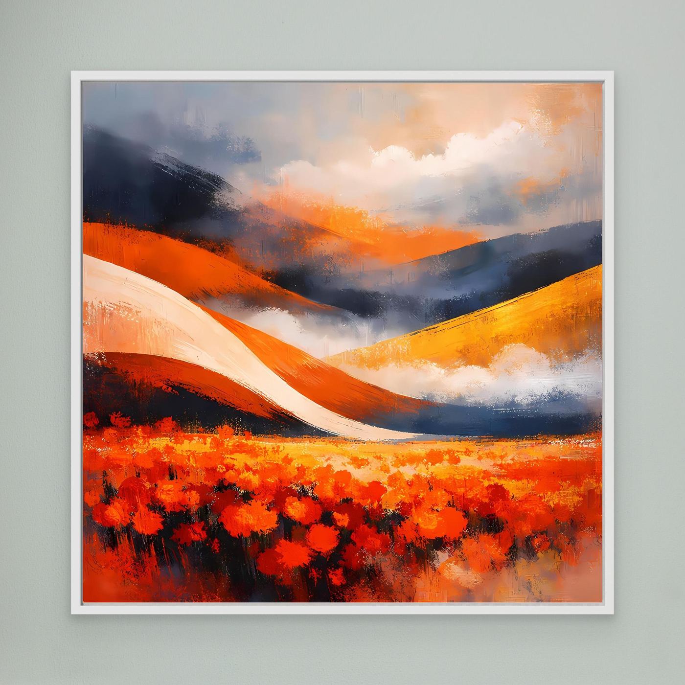 Leinwandbild mit weißem Rahmen: abstraktes Mohnfeld und Hügellandschaft in Orange/Rot.