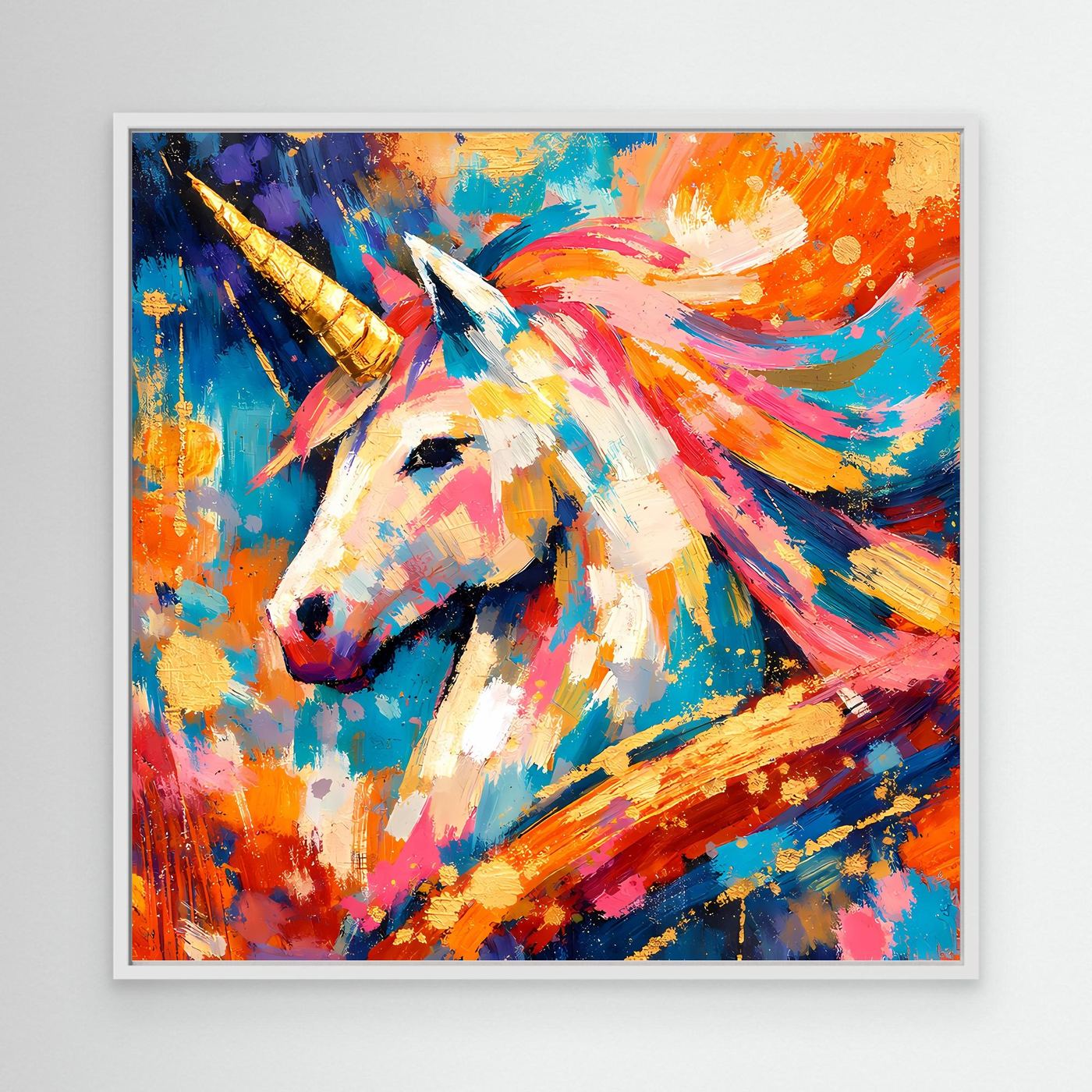 Leinwandbild mit abstraktem Einhorn, goldenes Horn, bunte Pinselstriche, weißer Rahmen
