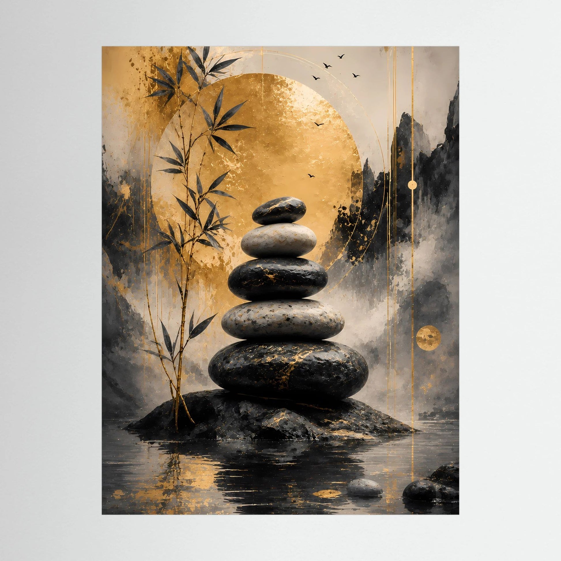 Poster im Detail: schwarze Steinbalance zwischen goldenen Bambusblättern, abstraktes Motiv.