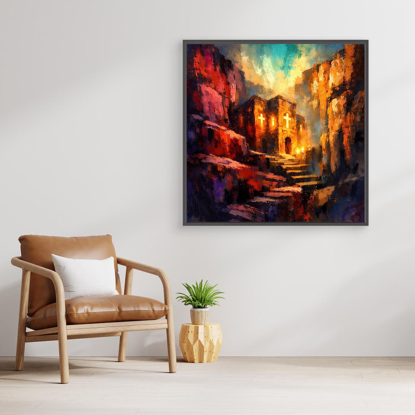 Wandbild auf Leinwand mit abstraktem Kirchenkloster-Motiv, beiger Rahmen, farbige Felswände
