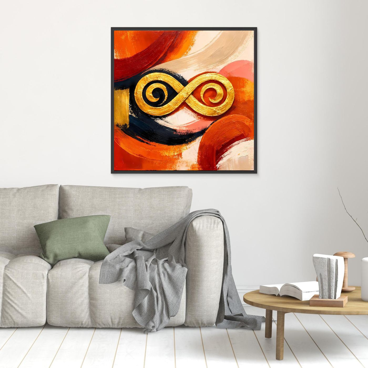 Leinwandbild mit goldenem Unendlichkeitszeichen im abstrakten Orange-Rot-Motiv, schwarzer Rahmen