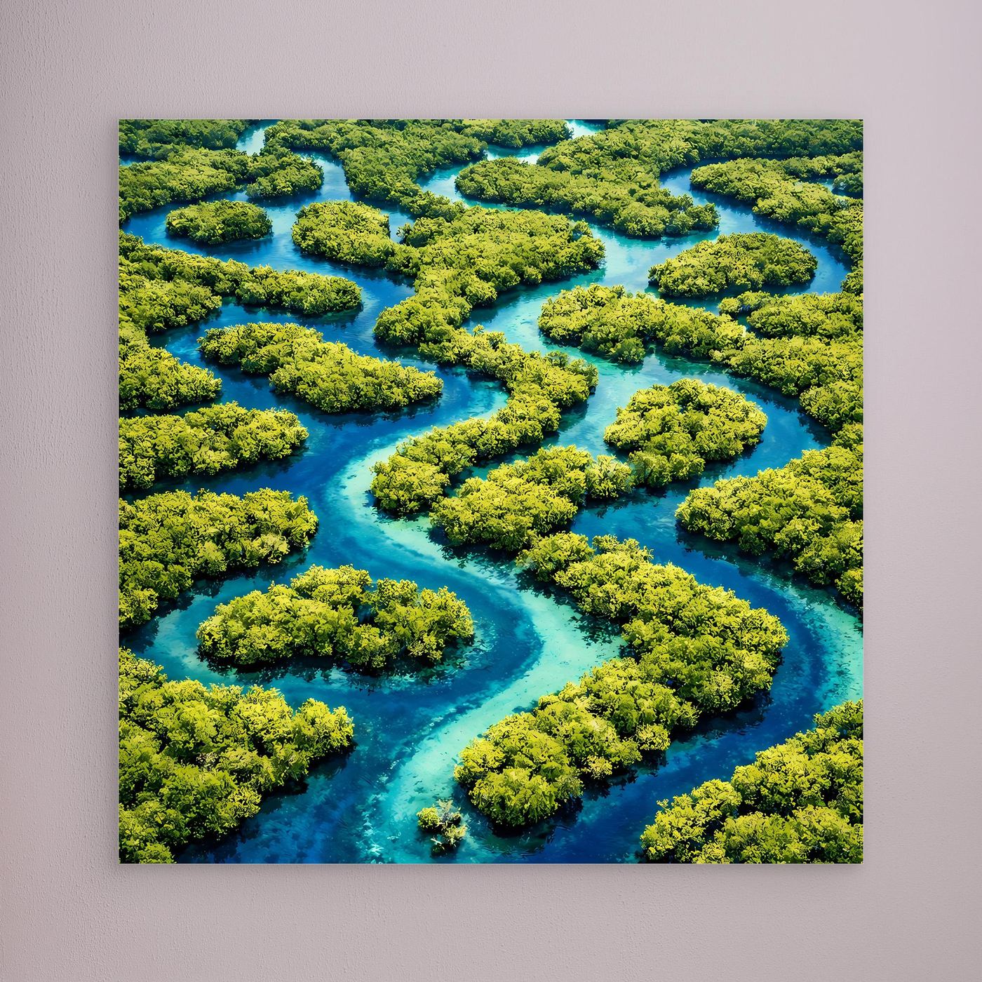 Leinwandbild mit blaugrünem Flusslauf und grünen Inseln, ohne sichtbaren Rahmen