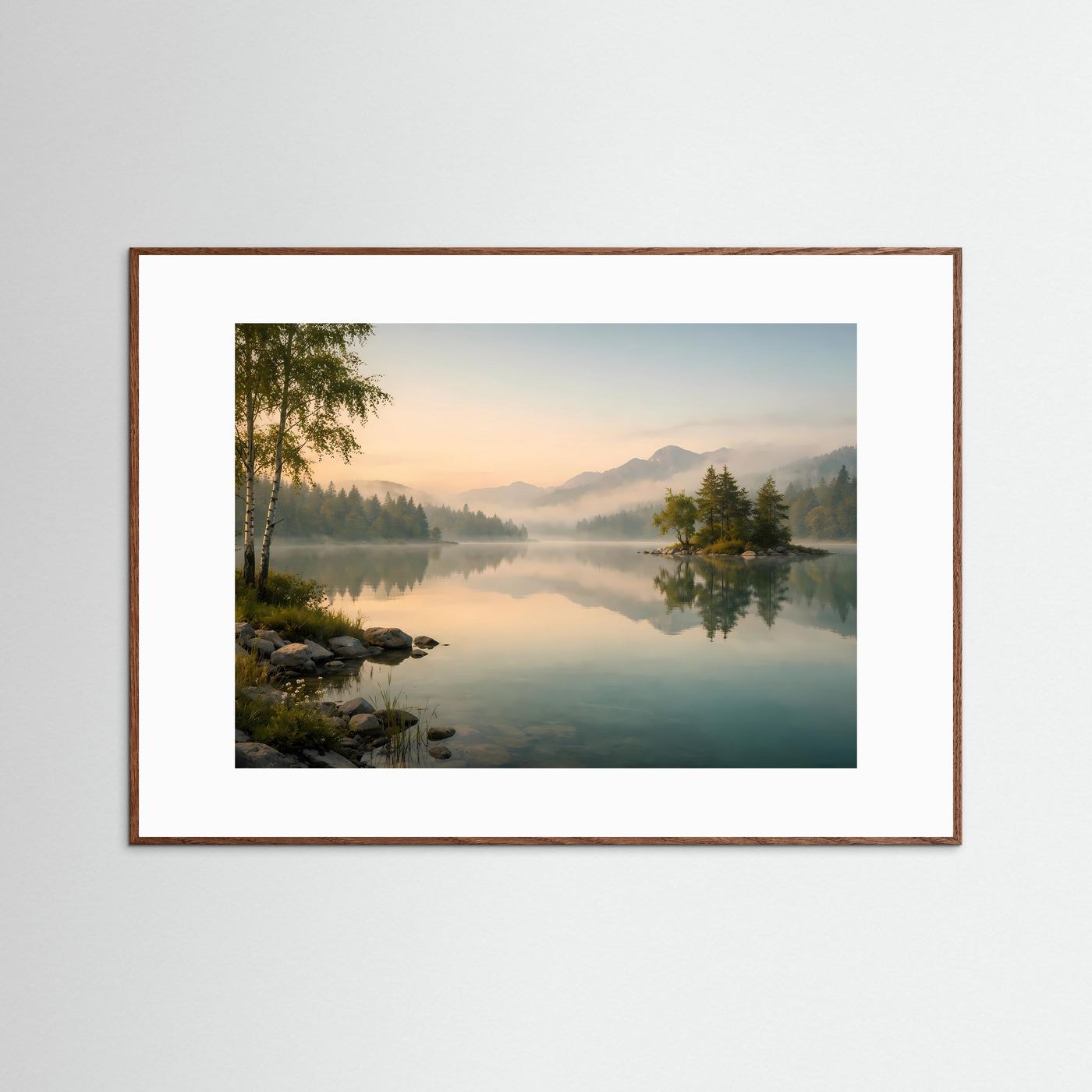 Nebliger Morgen am Bergsee | Idylle & Natur Poster Querformat