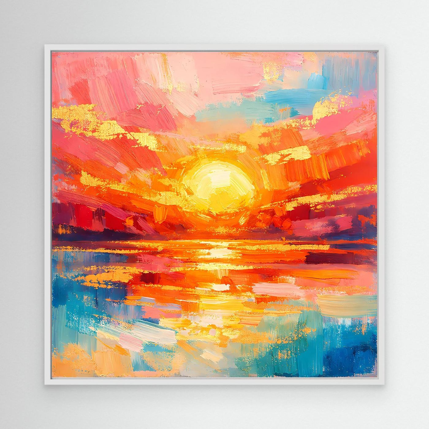 Leinwandbild abstraktes Meer mit aufgehender Sonne, weißer Rahmen, Rot-Orange-Blau
