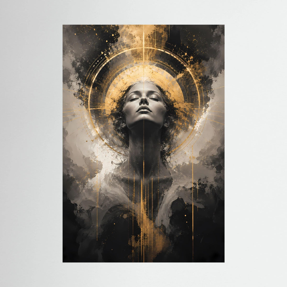 Poster mit abstraktem Frauengesicht, goldener Kreis und schwarze Farbflächen im Hochformat.