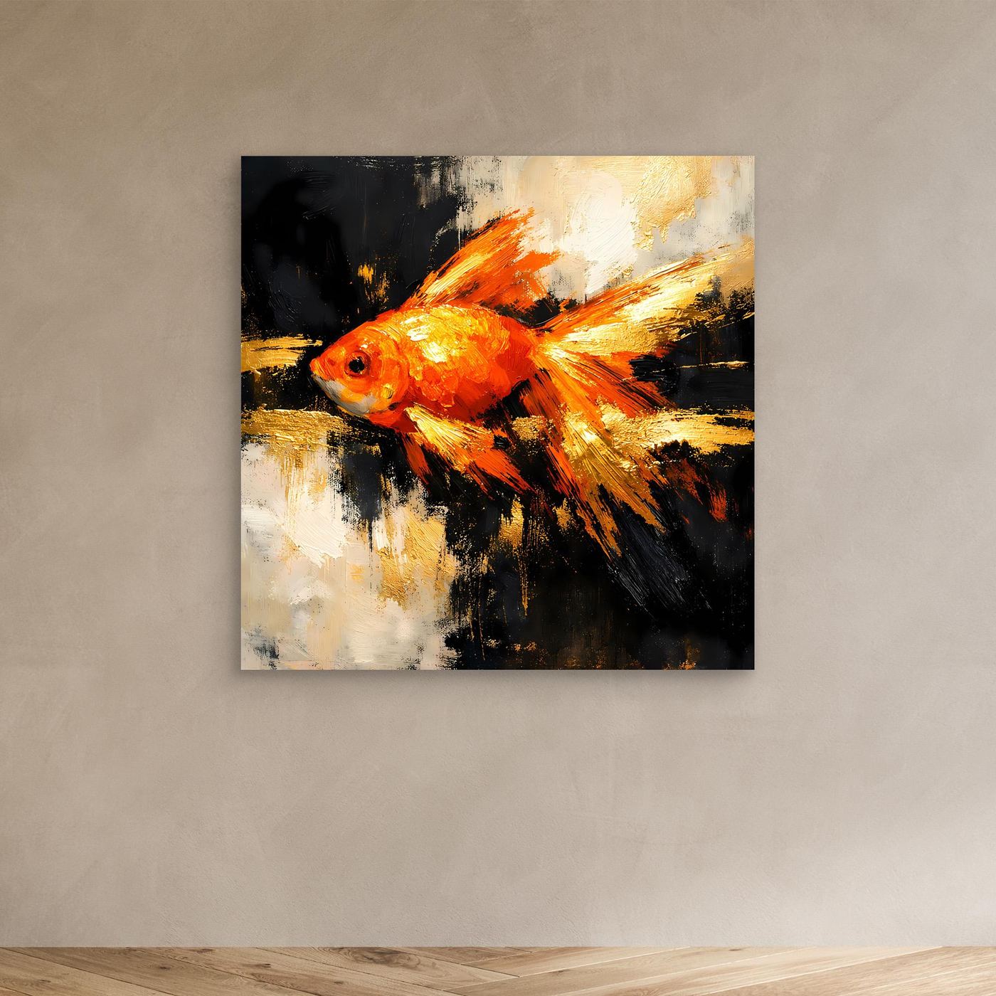 Leinwand Dynamischer Goldfisch in Orange und Gold | Abstraktes Tier Wandbild
