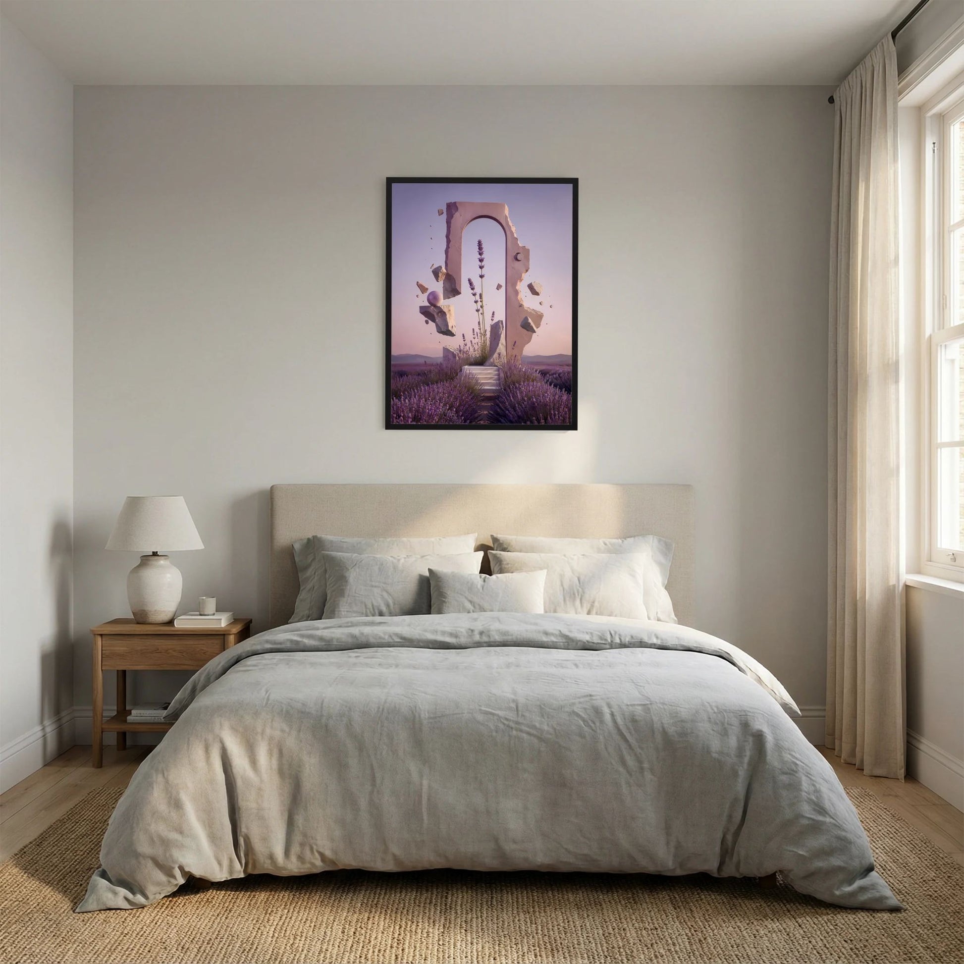 Hochformat-Poster mit violettem Portalmotiv im schwarzen Rahmen über dem grauen Bett