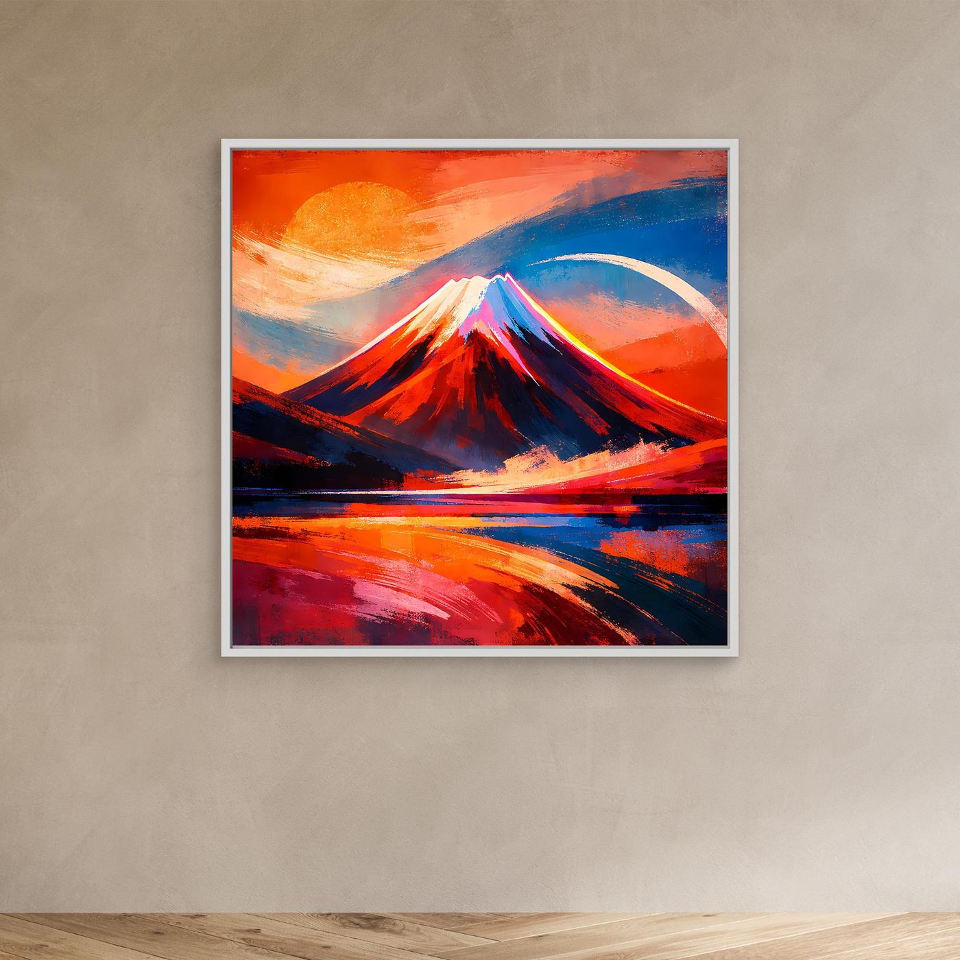 Abstraktes Leinwandbild mit Bergmotiv, Rot- und Blautöne, weißer Bilderrahmen