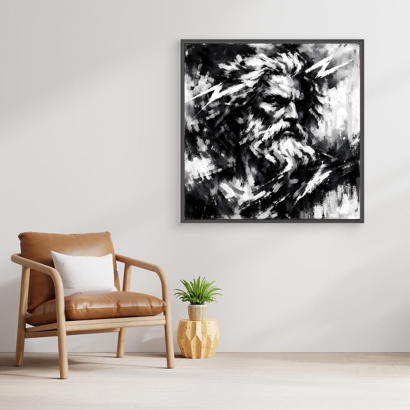 Black-and-white abstract Zeus portrait wall art, square print in black frame.