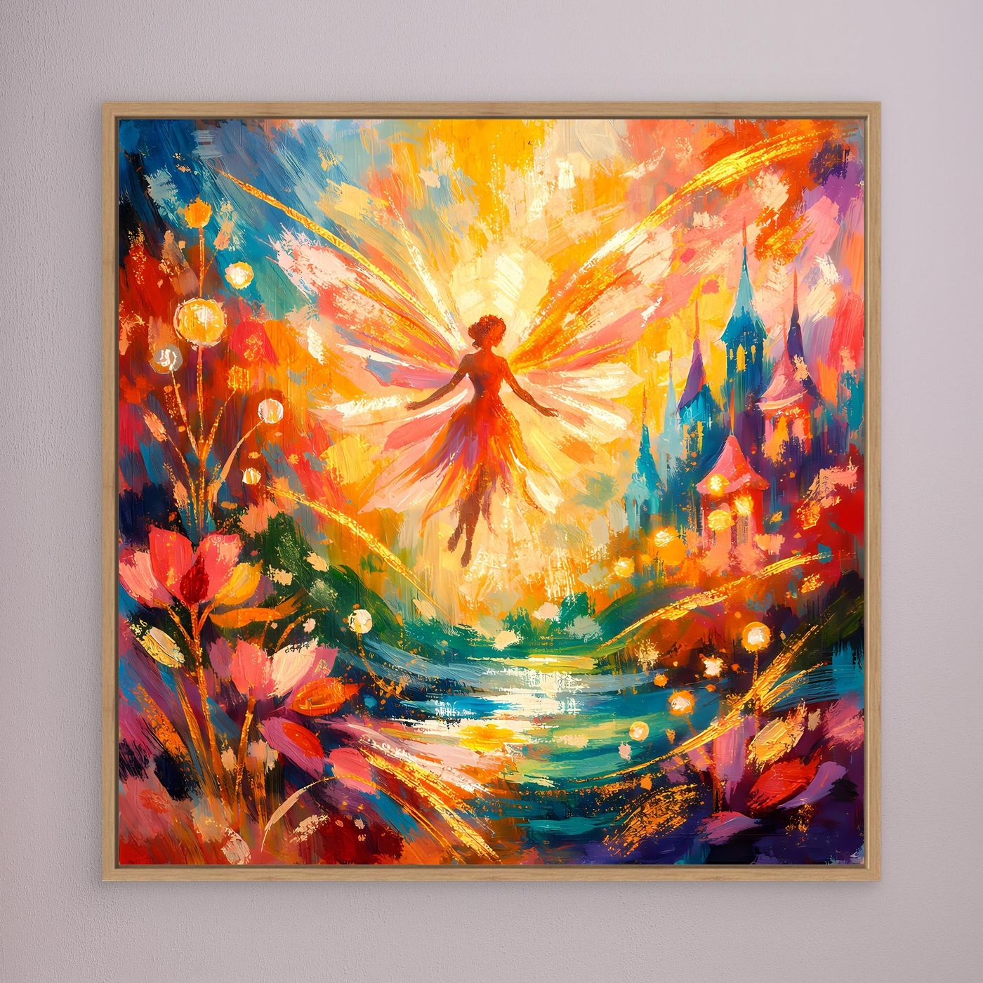Leinwandbild mit abstrakter Fantasy-Szene im Holzrahmen: bunte Lichtstrahlen, Figur, Blumen und farbige Türme.