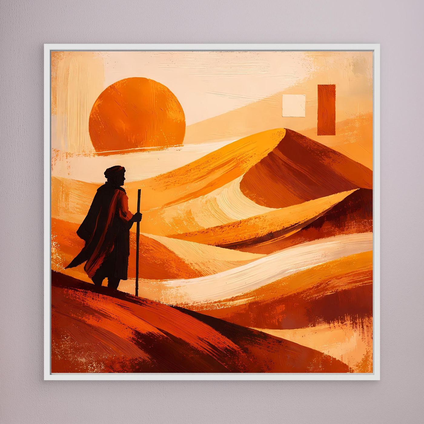 Leinwandbild: orange Wüstenlandschaft mit Sonne und Wanderfigur, weißer Rahmen