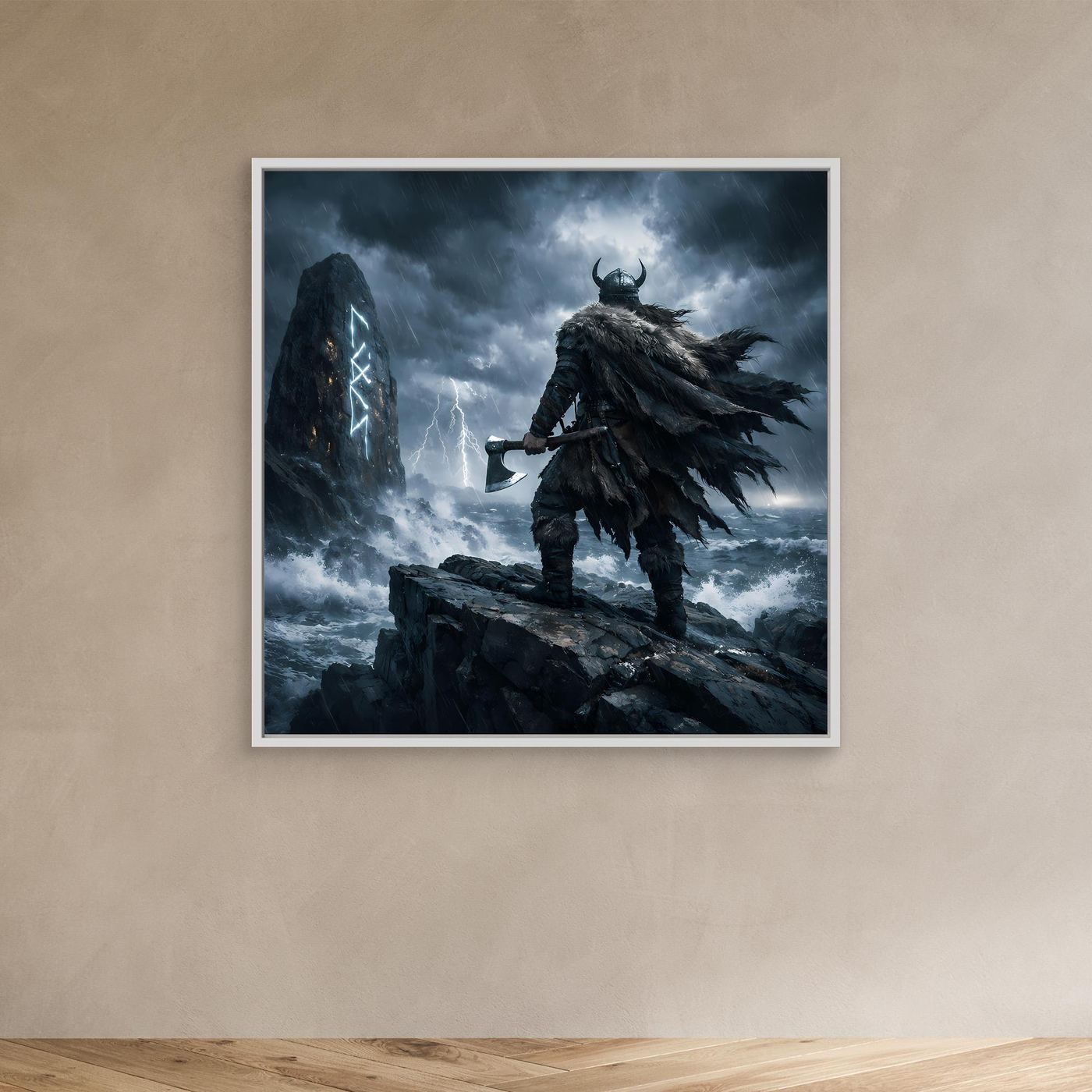 Leinwand Mystischer Wikinger am Runenstein | Abstraktes Nordisches Gewitter Wandbild