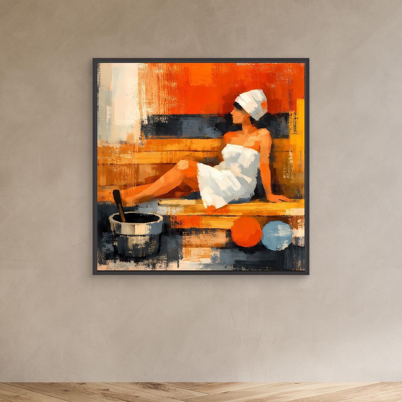 Abstract sauna wall art with dark frame; reclining woman, bucket and orange-blue balls