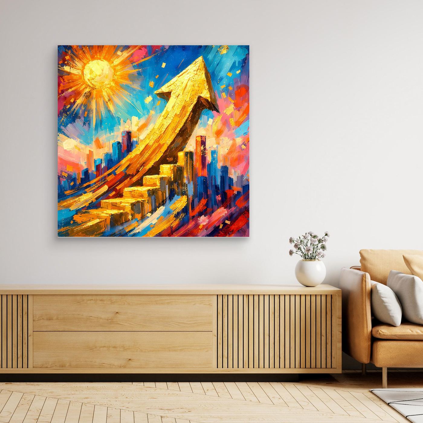 Gerahmtes Leinwandbild mit Skyline und goldenem Pfeil, strahlende Sonne und kräftige Farben