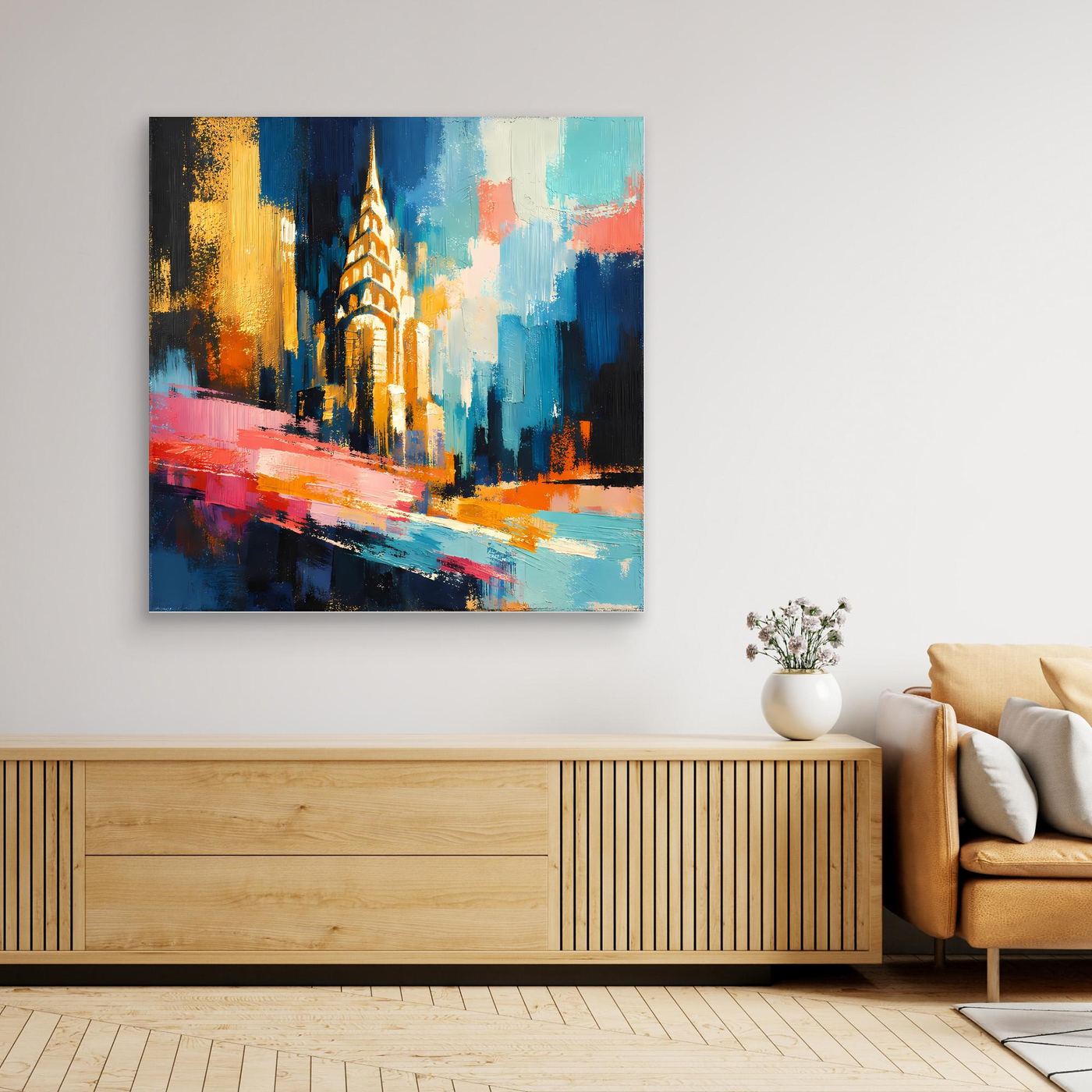 Gerahmtes Leinwandbild mit abstrakter Stadtlandschaft, golden leuchtendes Turmgebäude und Farbverlauf