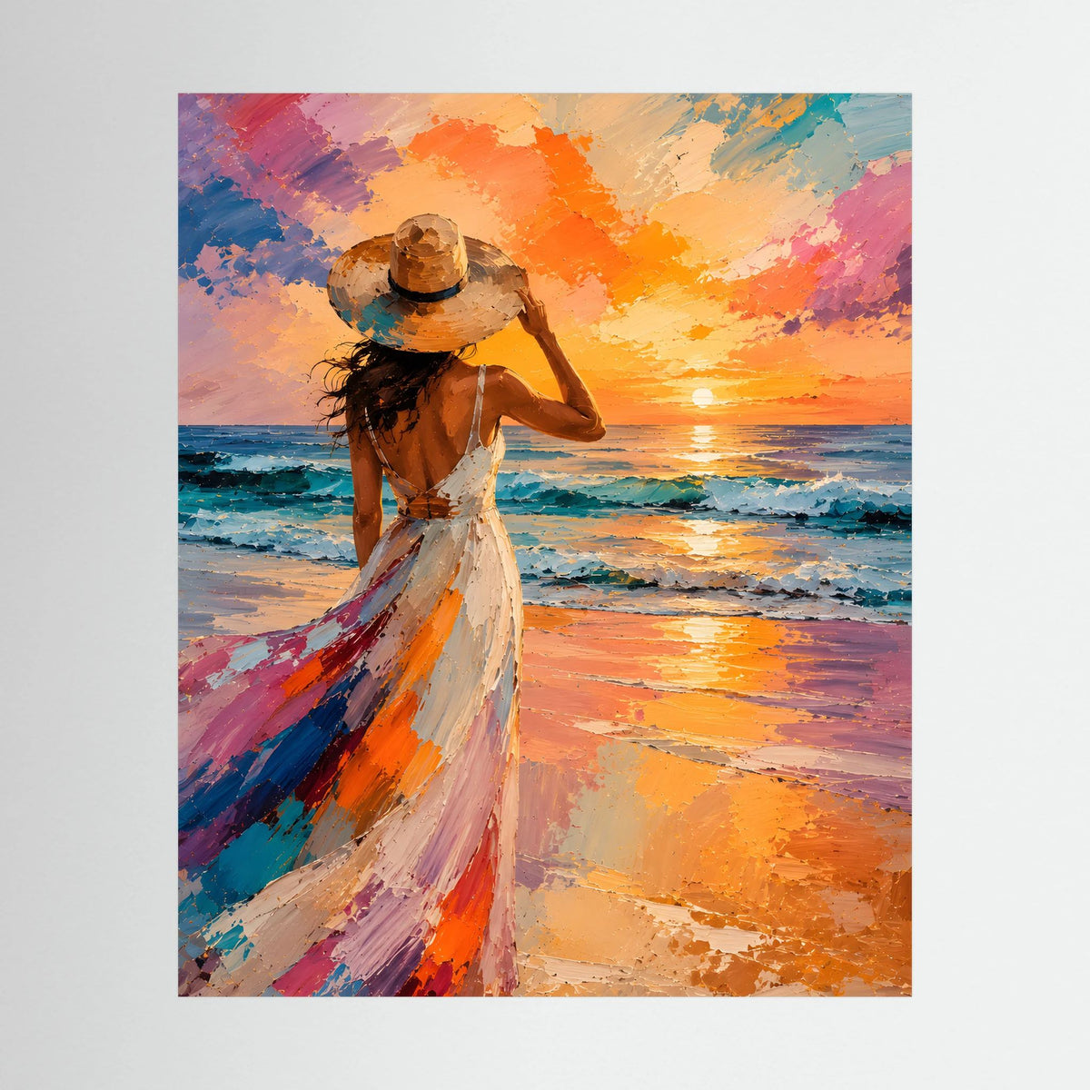 Hochformat-Poster mit Frau im Hut und farbigem Strand bei Sonnenuntergang
